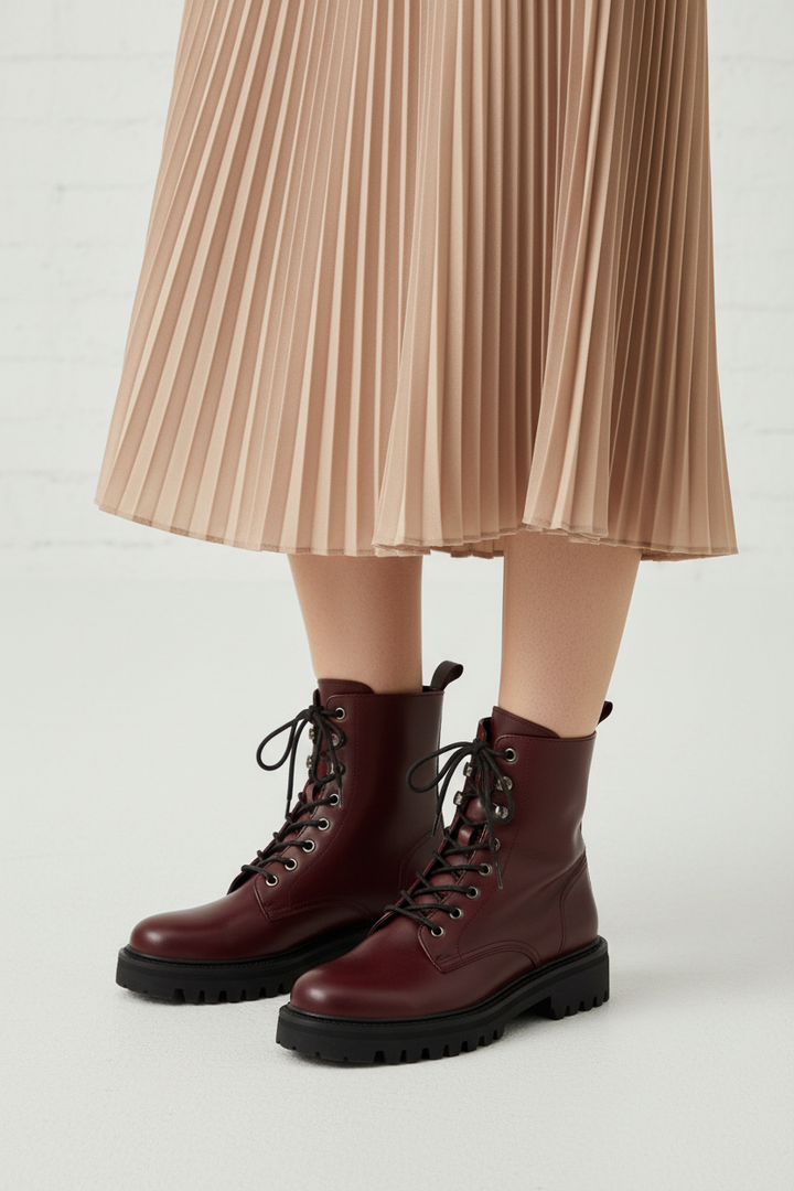 Burgundy Red Leather Combat Boots