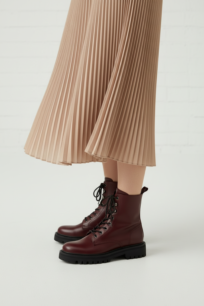 Burgundy Red Leather Combat Boots