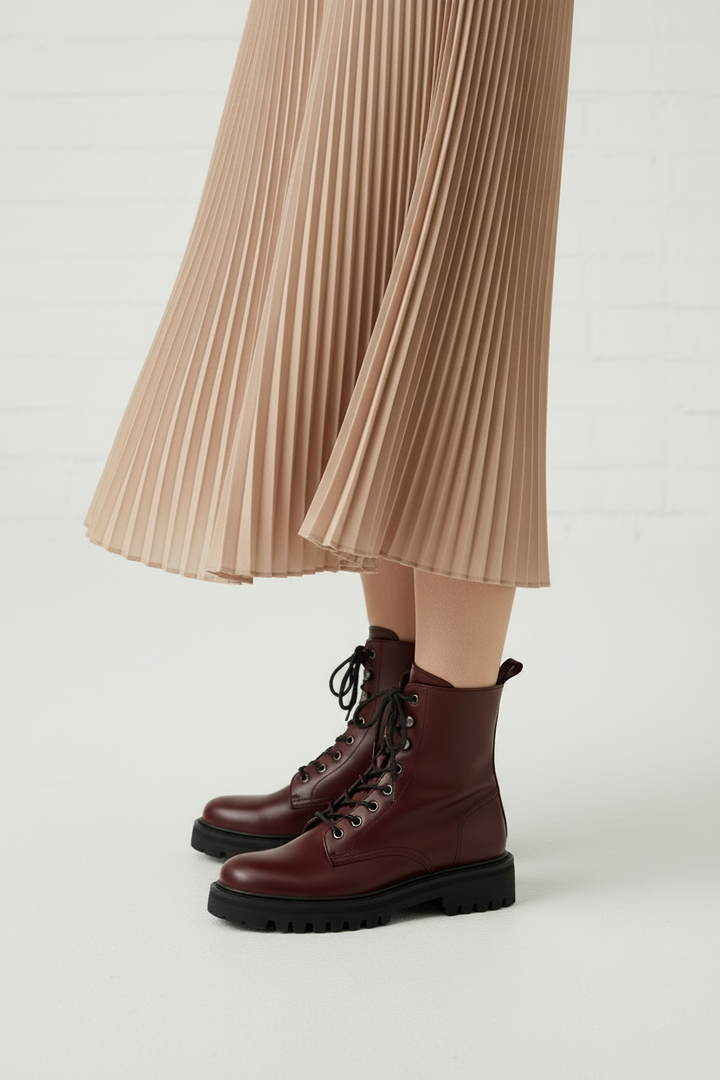 Burgundy Red Leather Combat Boots