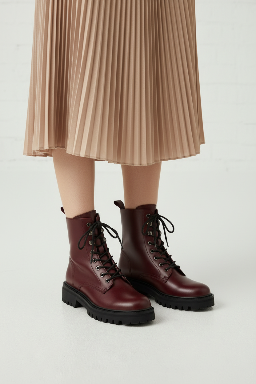 Burgundy Red Leather Combat Boots