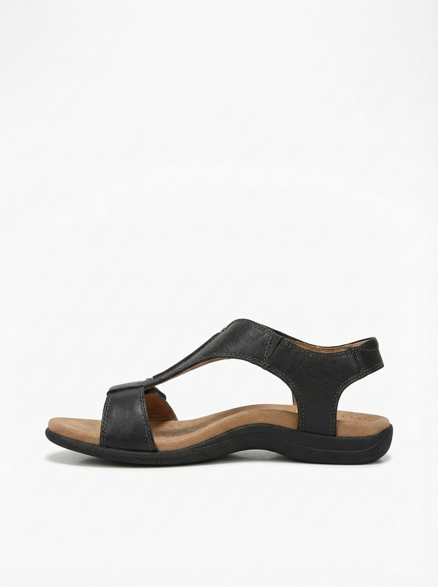 ComfortEase women's ergonomic leather sandal with memory foam and adjustable T-strap