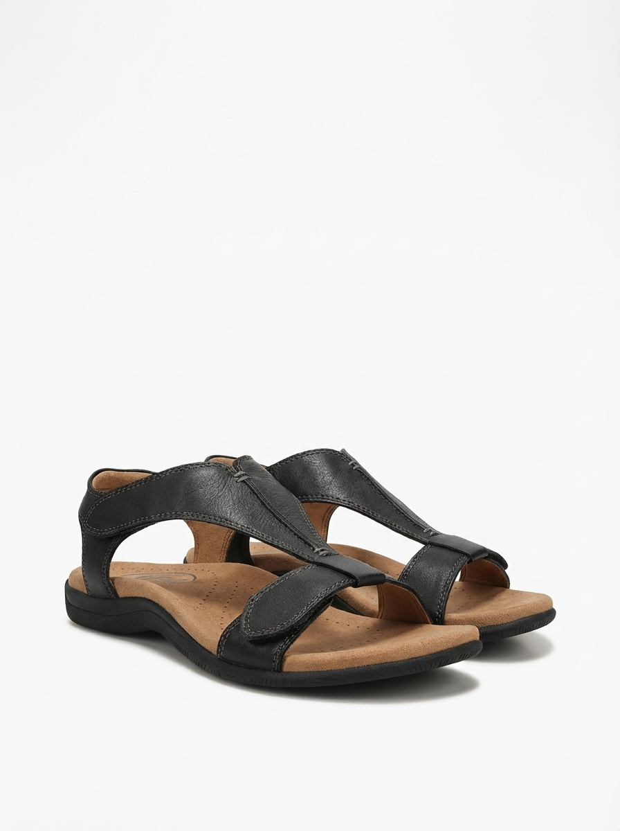 ComfortEase women's ergonomic leather sandal with memory foam and adjustable T-strap